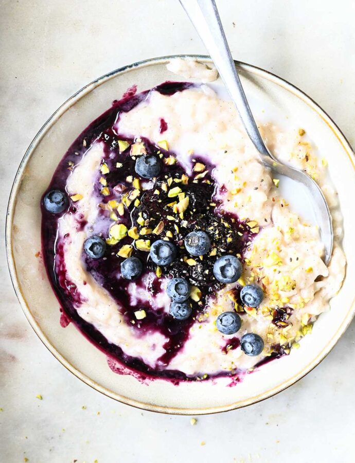 Coconut Rice Pudding with Ginger Blueberries