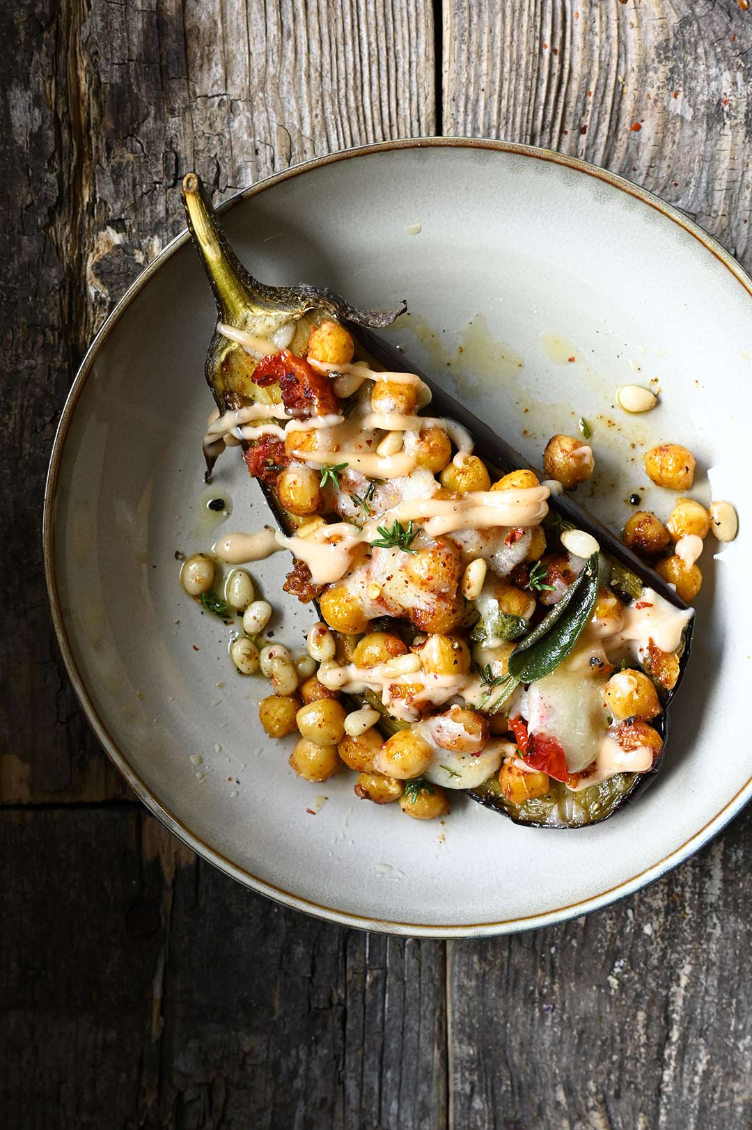 Roasted eggplant with smokey chickpeas and parmesan