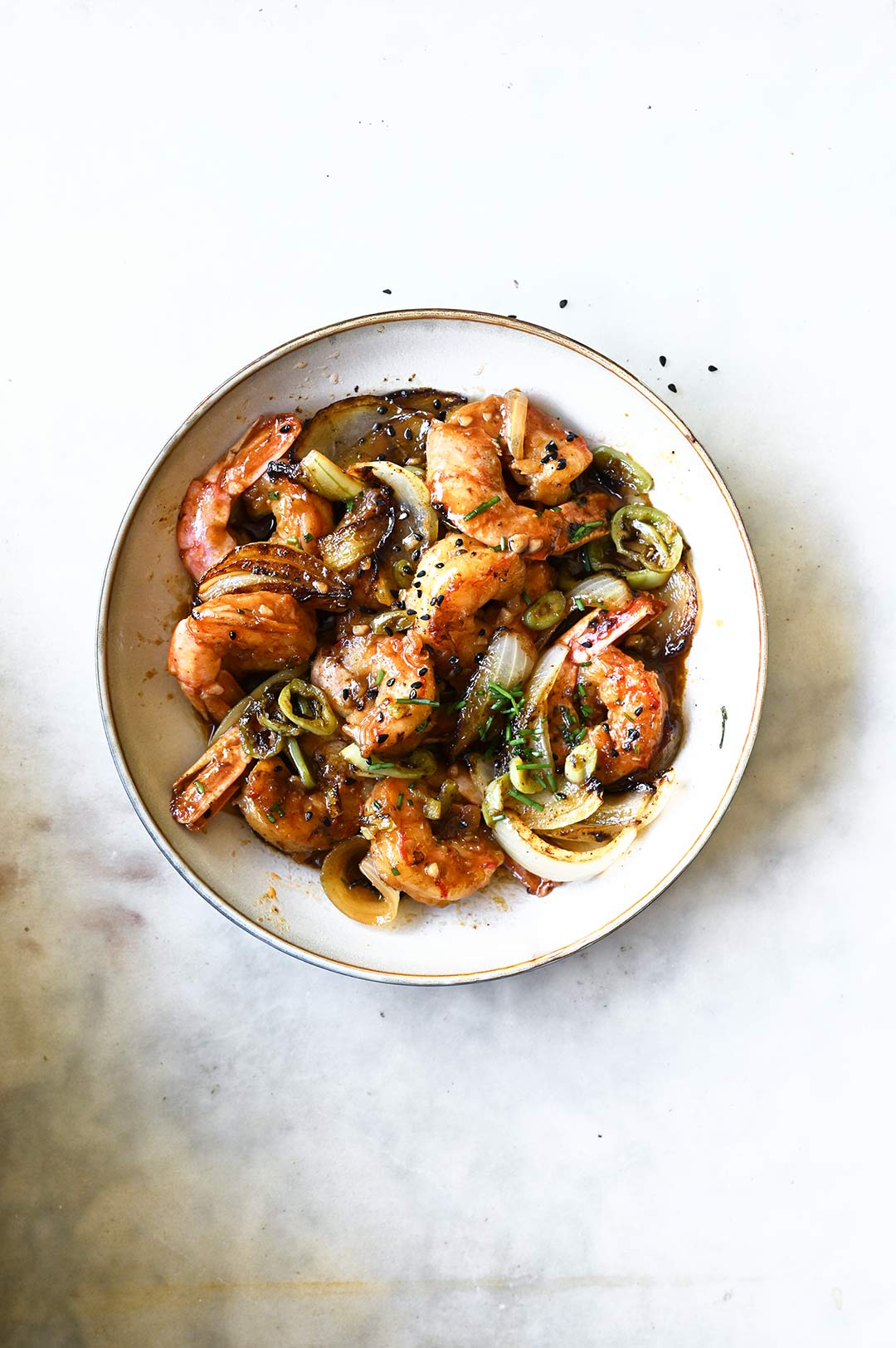 Sichuan shrimp stir fry with onions