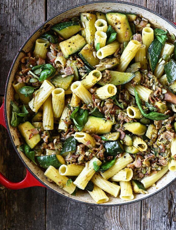 Zucchini and Bacon Pasta with Basil
