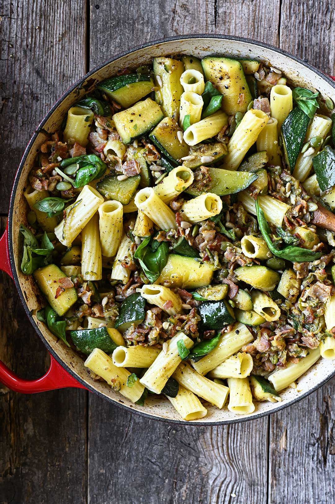 Zucchini and bacon pasta with basil