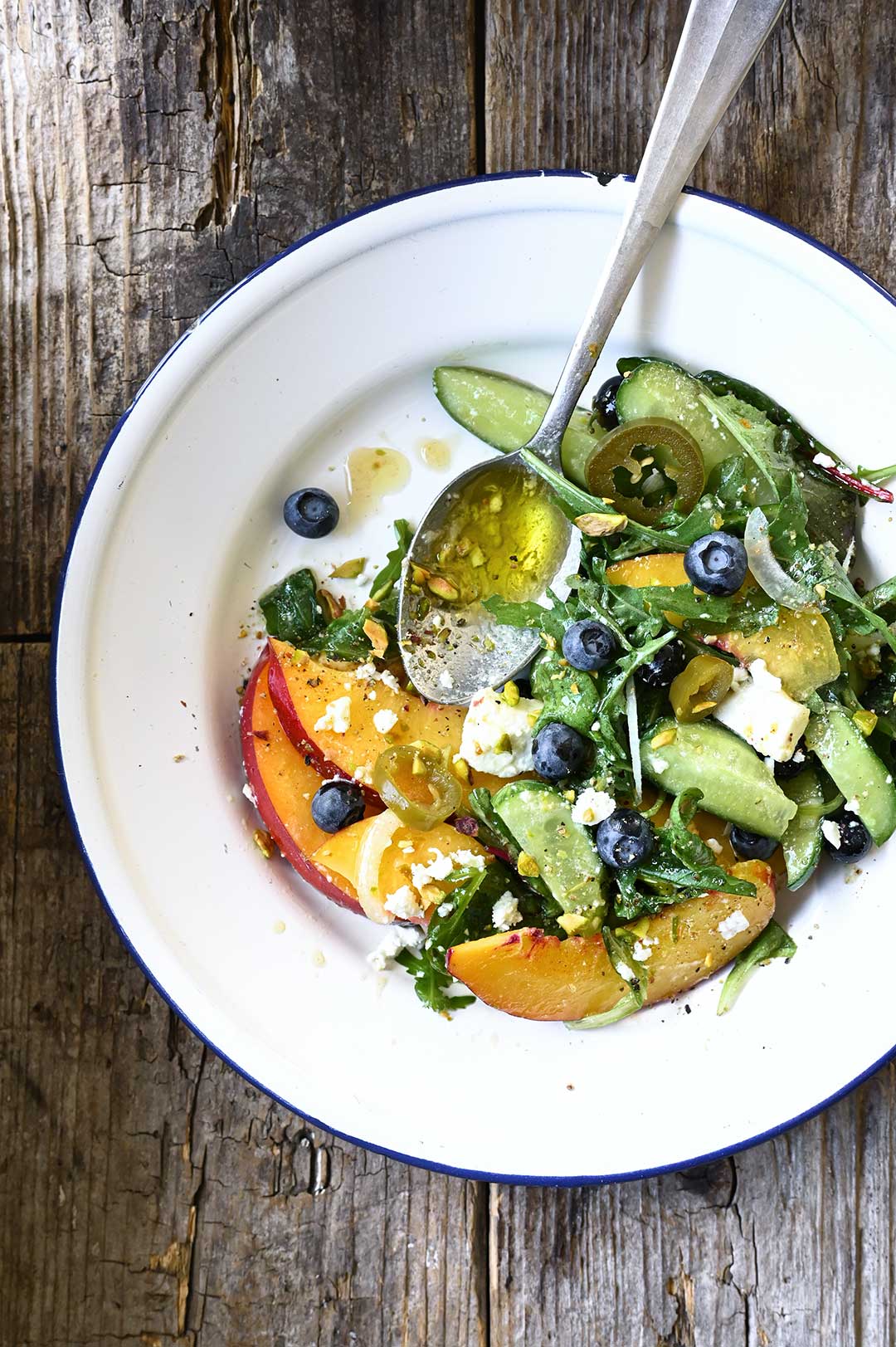 Cucumber nectarine salad with feta and jalapeños