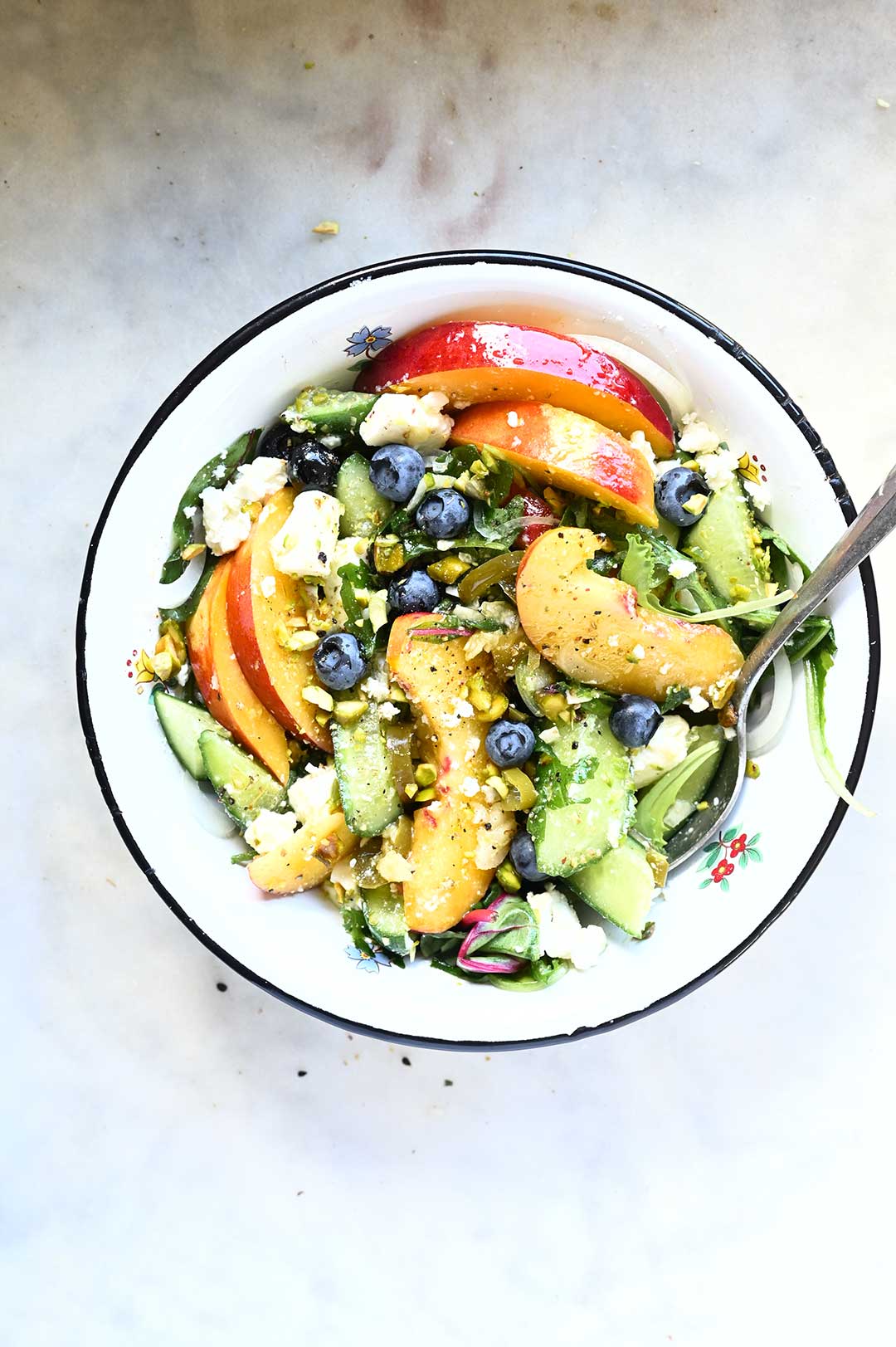 Cucumber nectarine salad with feta and jalapeños