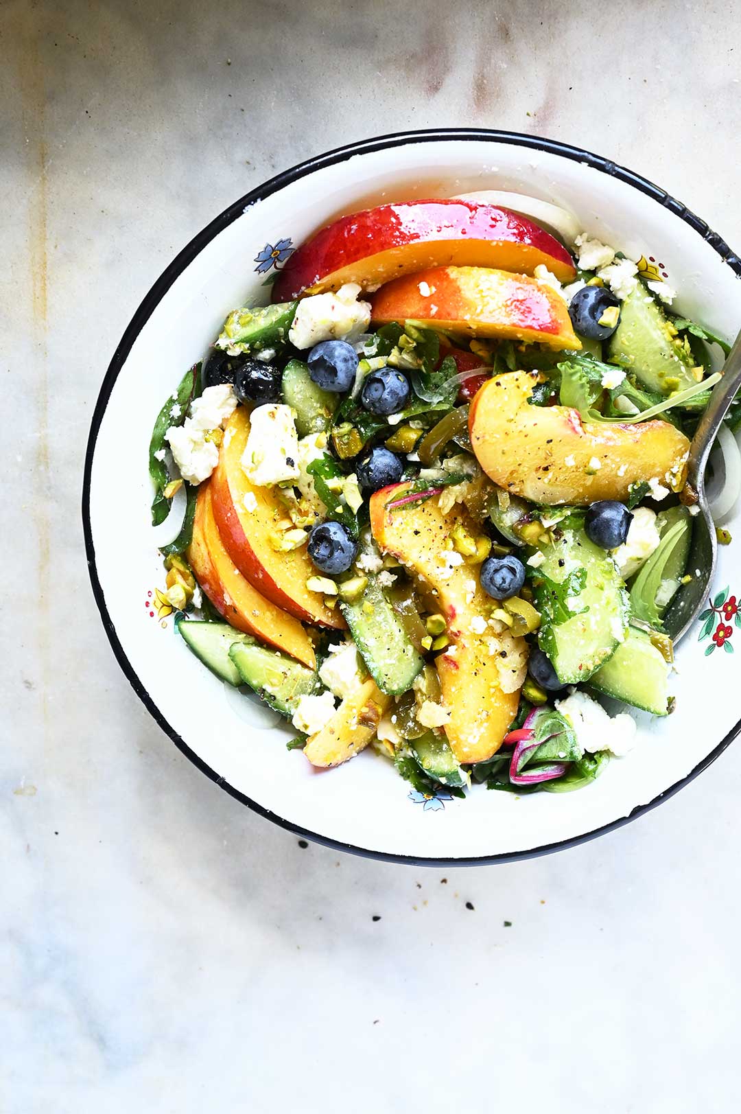 Cucumber nectarine salad with feta and jalapeños