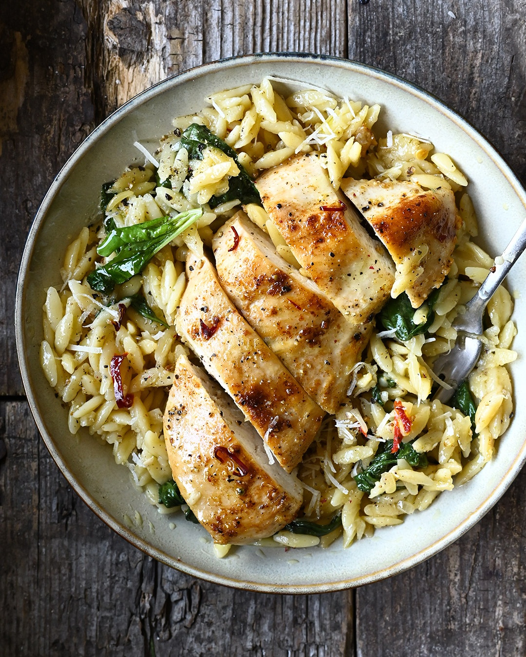 One Skillet Parmesan Chicken and Orzo - Serving Dumplings