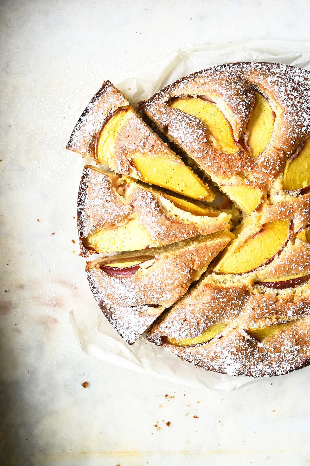 serving dumplings | Peach almond cake