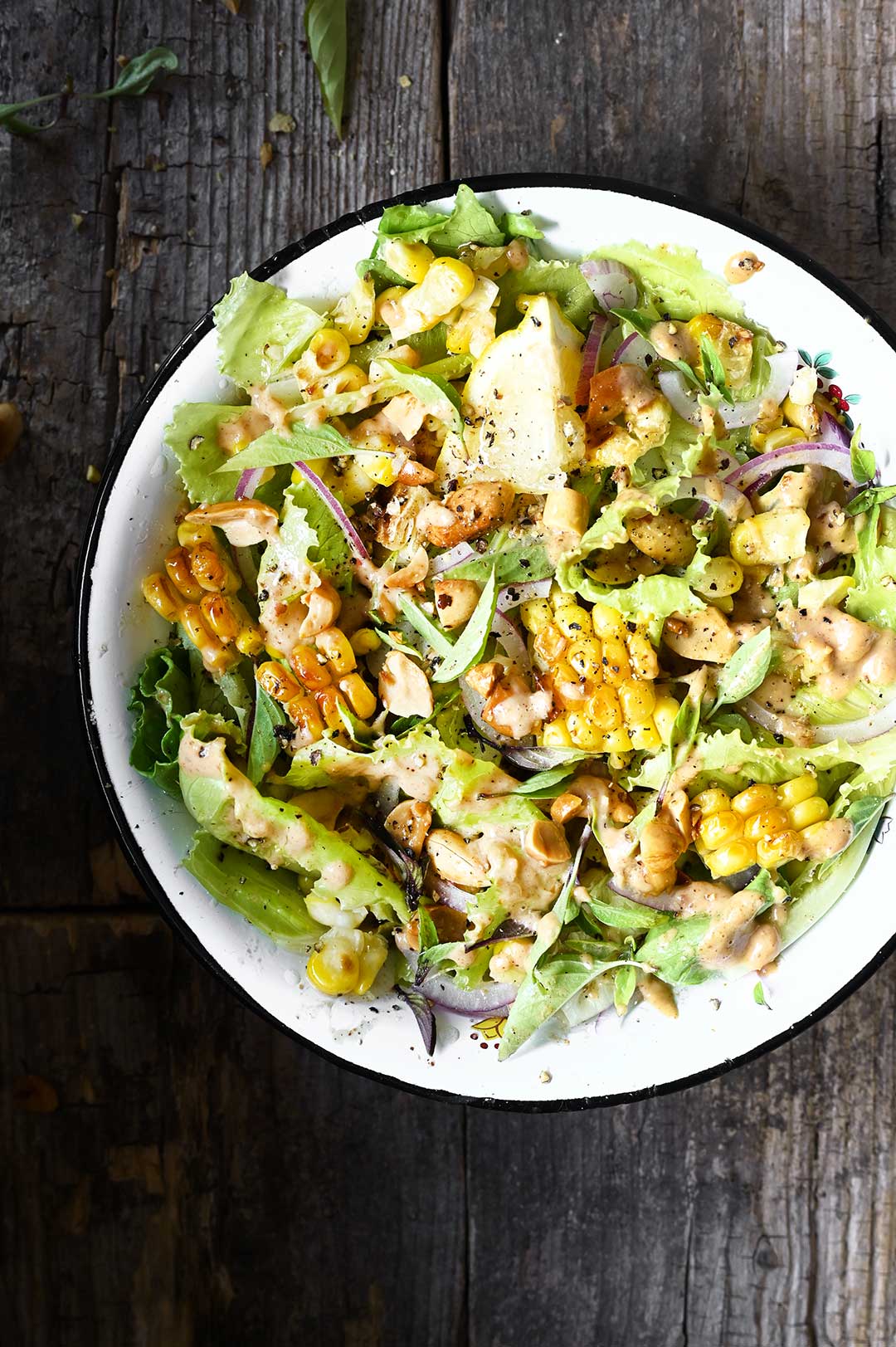 Corn salad with spicy peanut dressing - Serving Dumplings