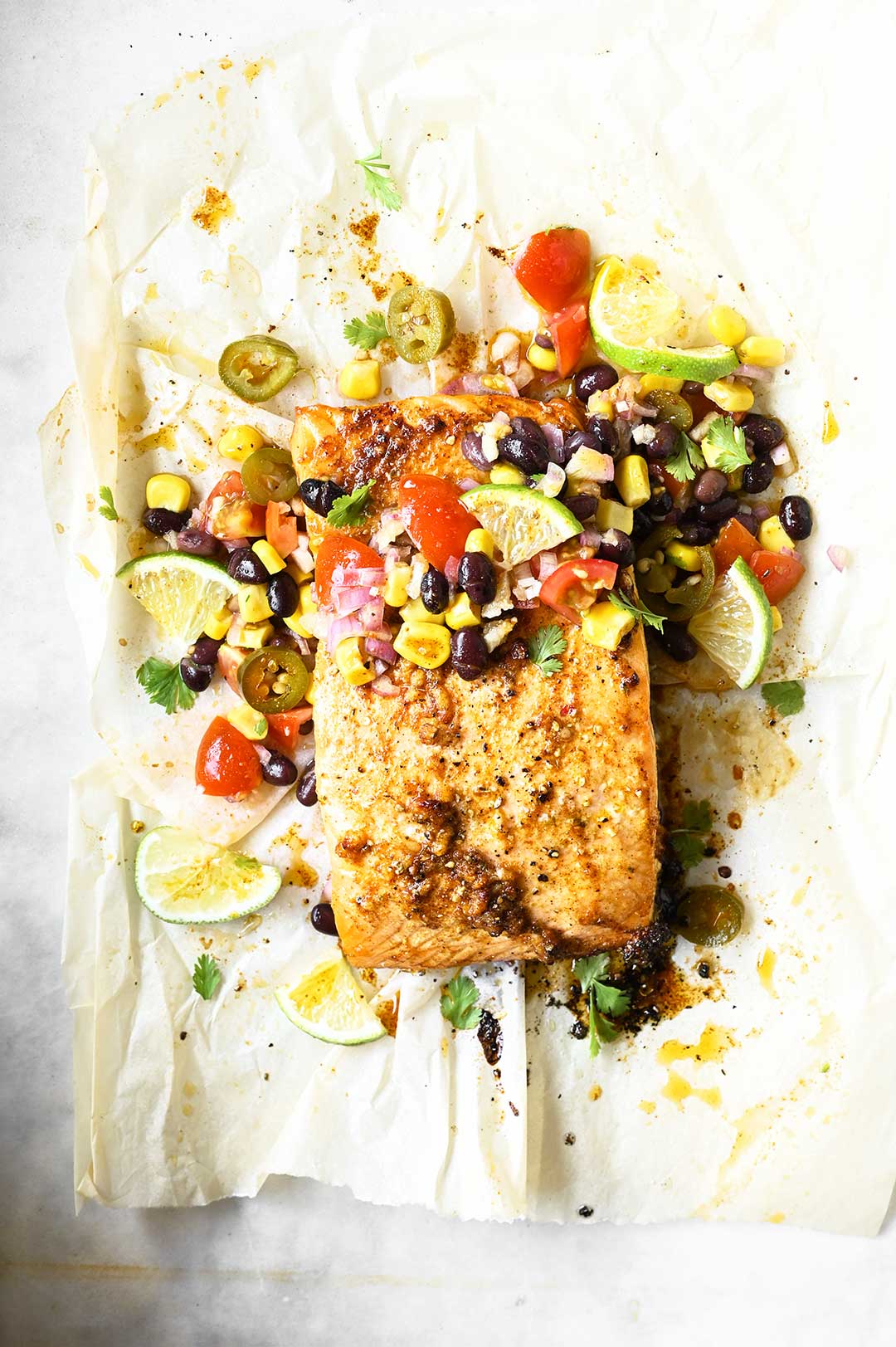 Roasted salmon with black bean salsa