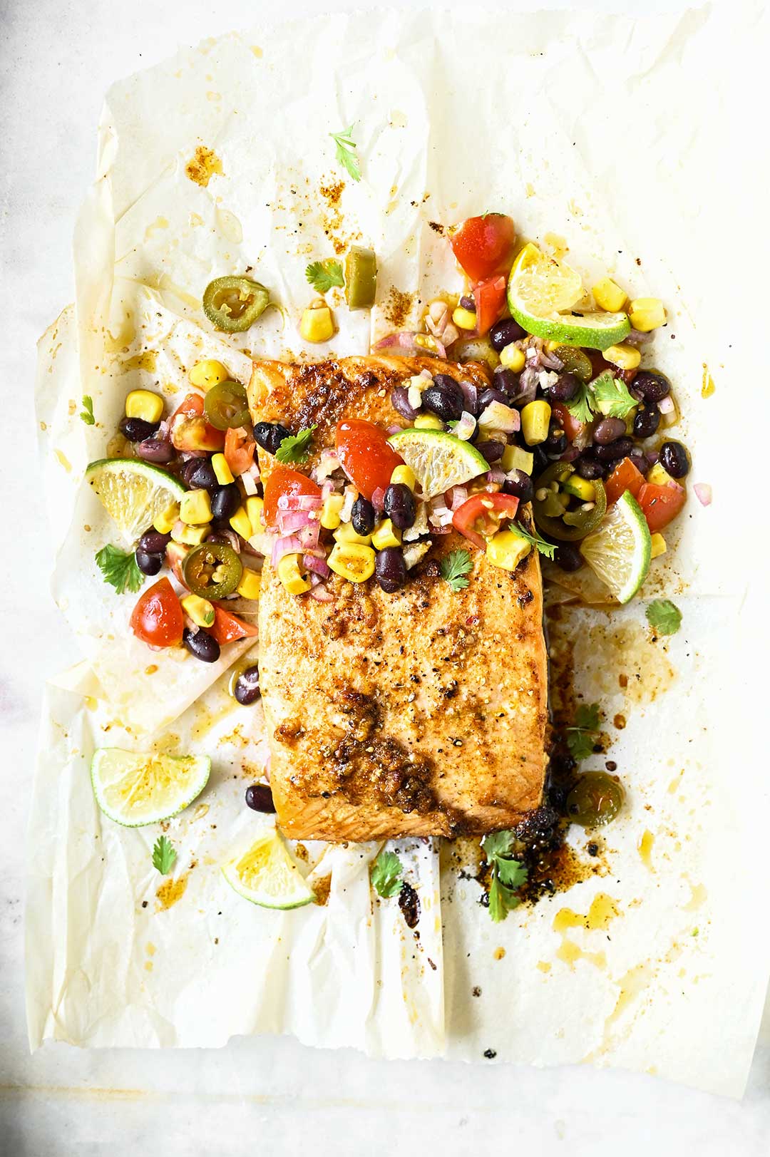 Roasted salmon with black bean salsa