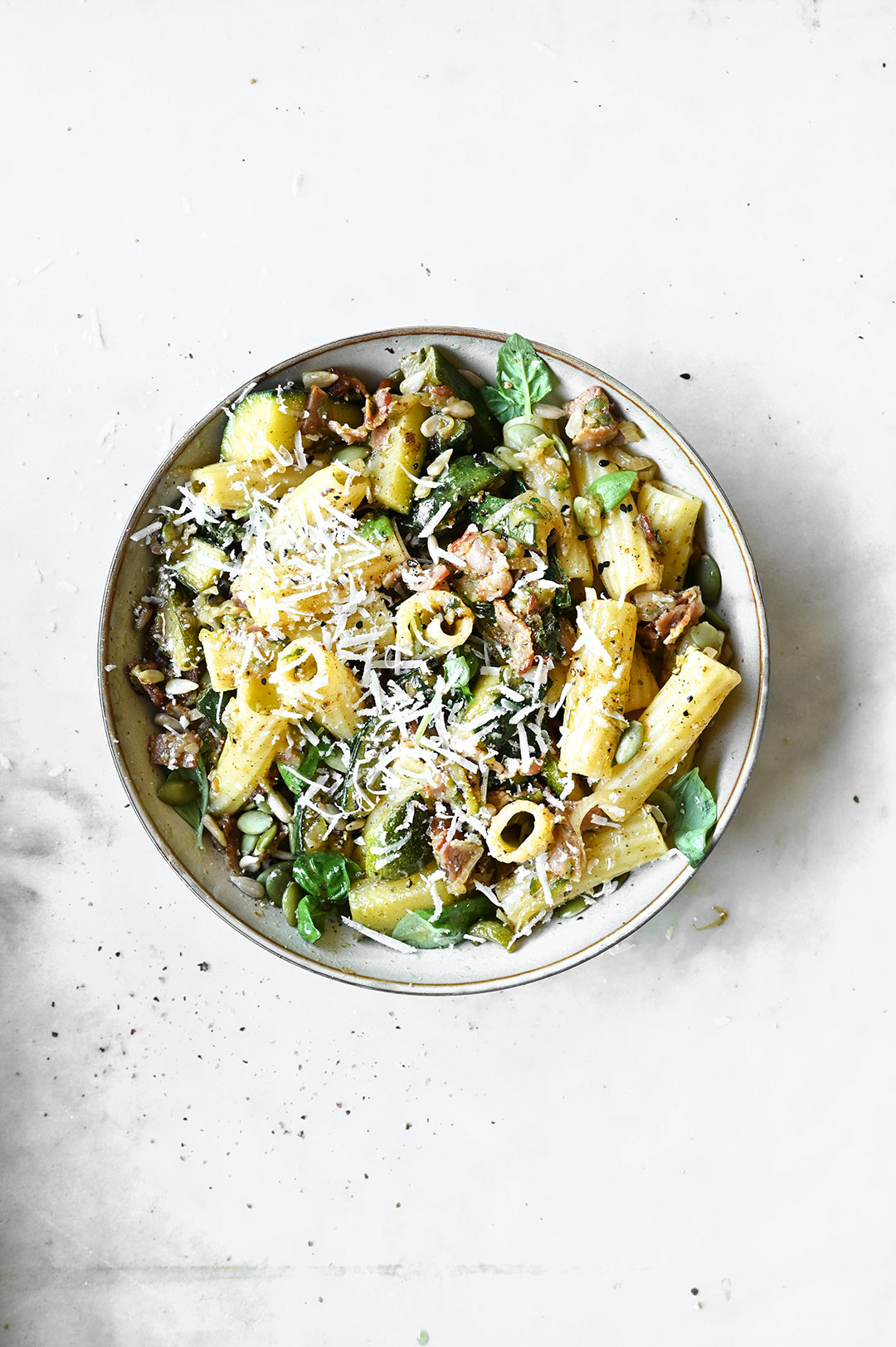 Zucchini and Bacon Pasta with Basil - Serving Dumplings