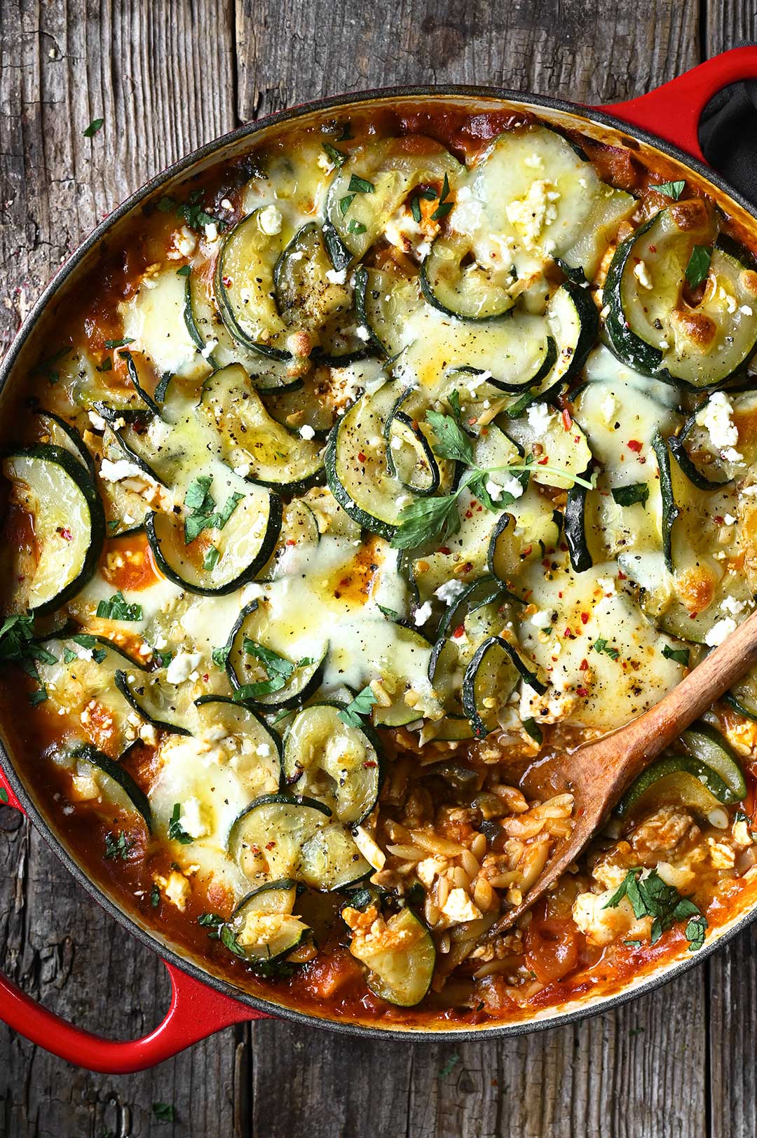 One Pan Zucchini and Eggplant Orzo Bake | Serving dumplings