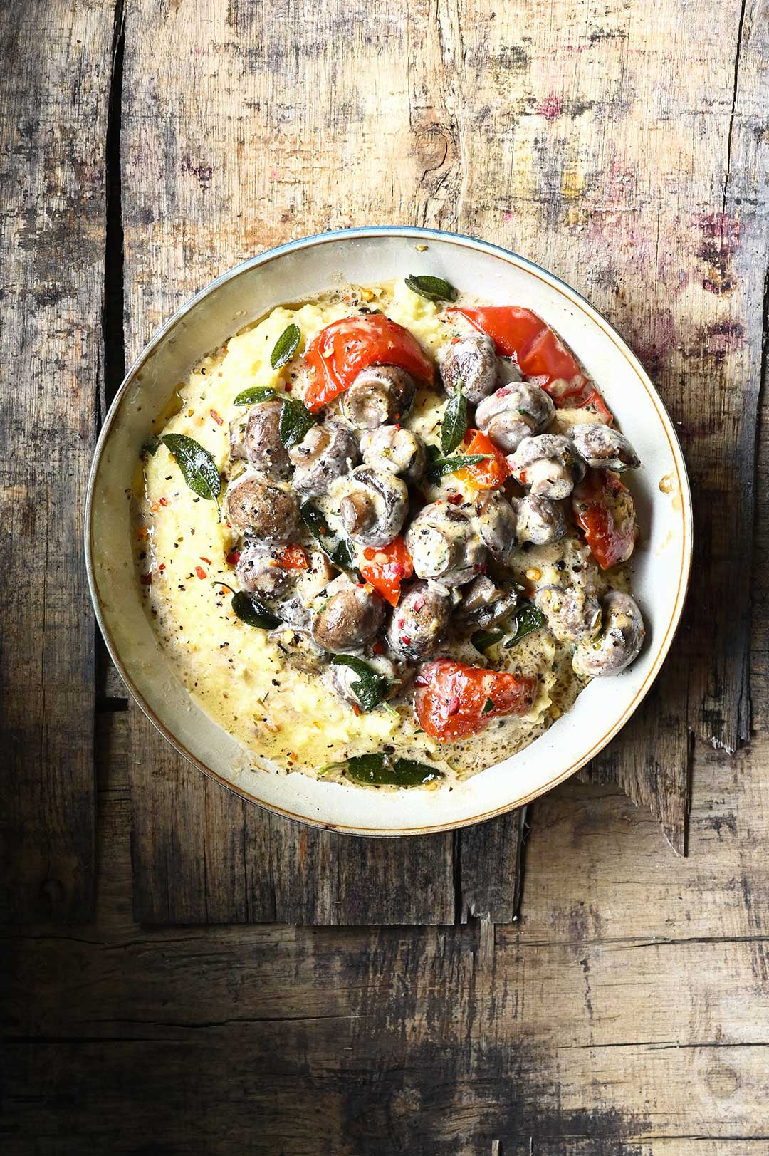 serving dumplings | Polenta with Creamy Miso Mushrooms and Sun-Dried Tomatoes