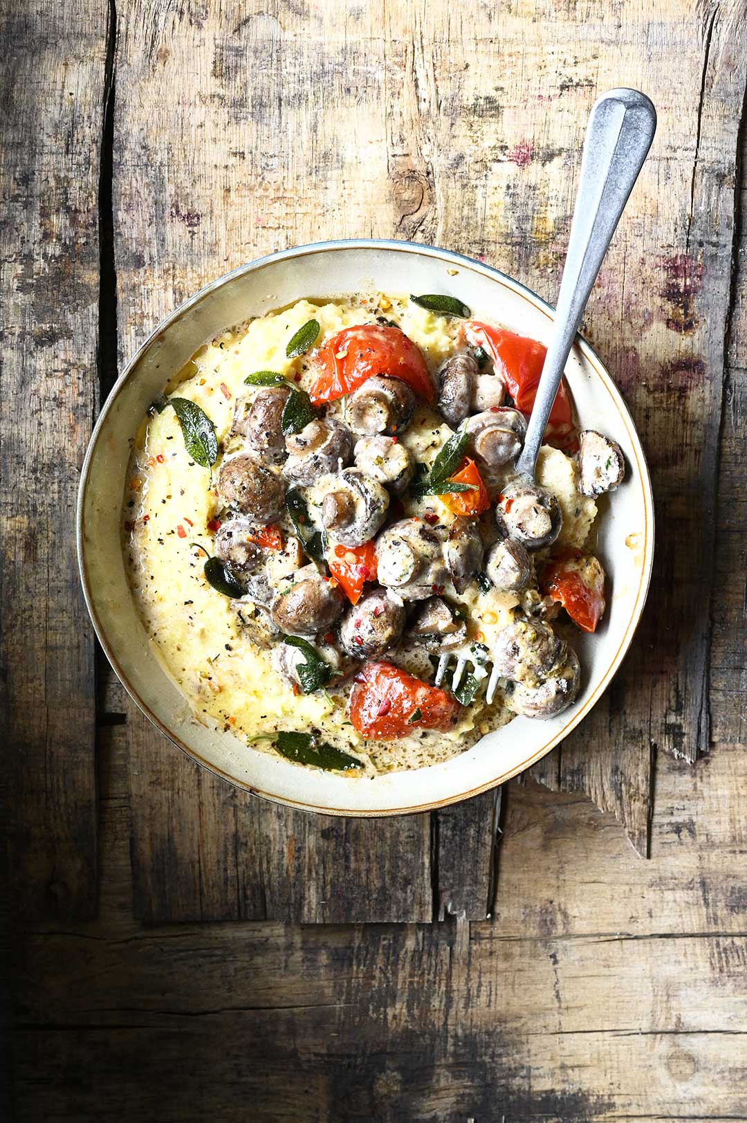 Polenta with Creamy Miso Mushrooms and Sun-Dried Tomatoes