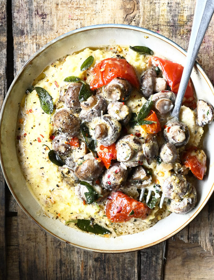 Polenta with Creamy Miso Mushrooms and Sun-Dried Tomatoes