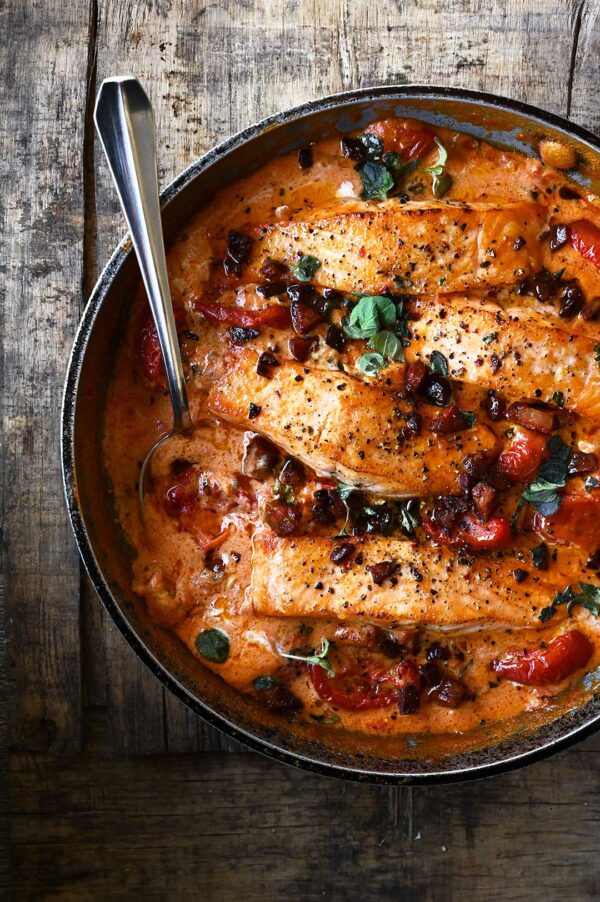 One-Pan Creamy Tomato Salmon with Chorizo - Serving Dumplings