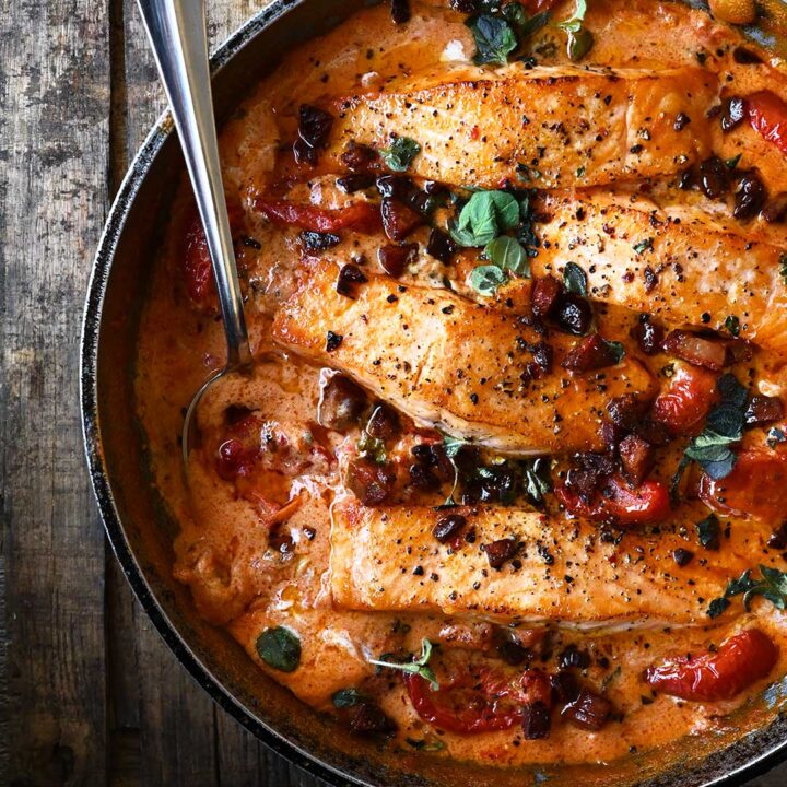 serving dumplings | One-Pan Creamy Tomato Salmon with Chorizo