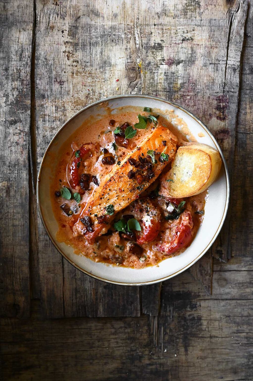 One-Pan Creamy Tomato Salmon with Chorizo - Serving Dumplings