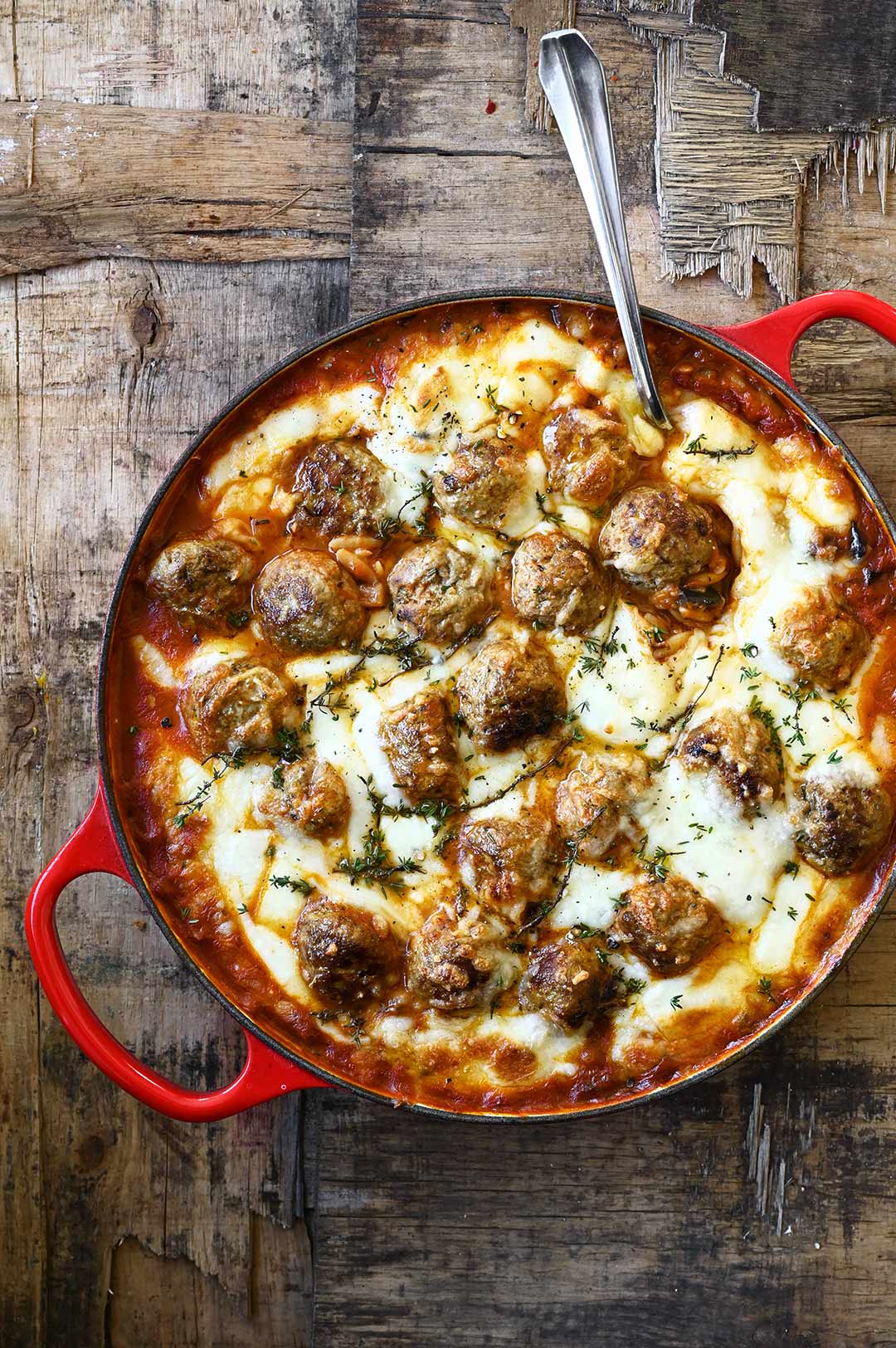 Baked Meatballs with Orzo in Roasted Pepper Sauce