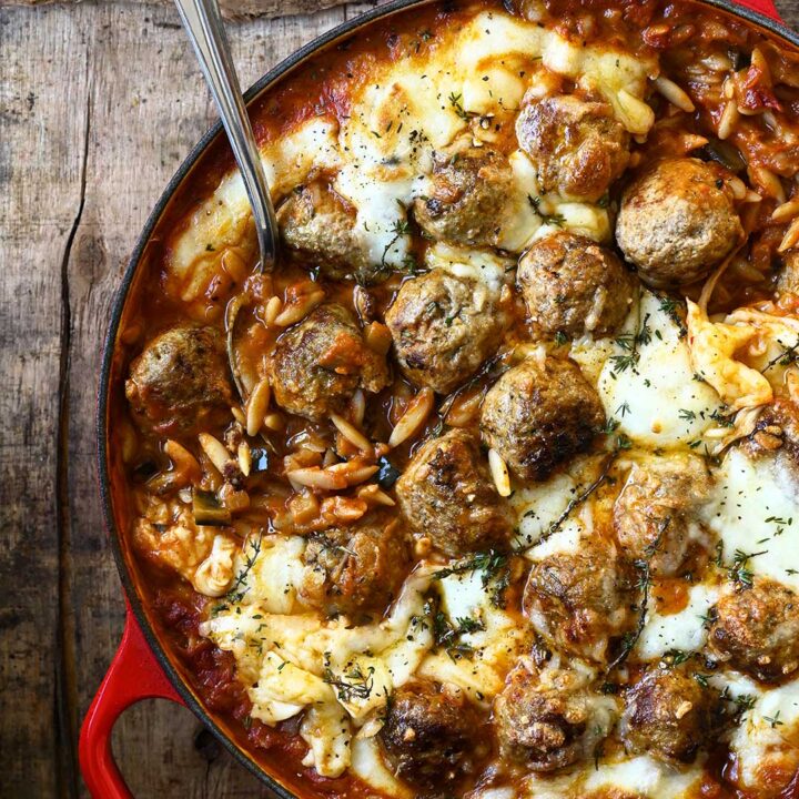 Baked Meatballs with Orzo in Roasted Pepper Sauce
