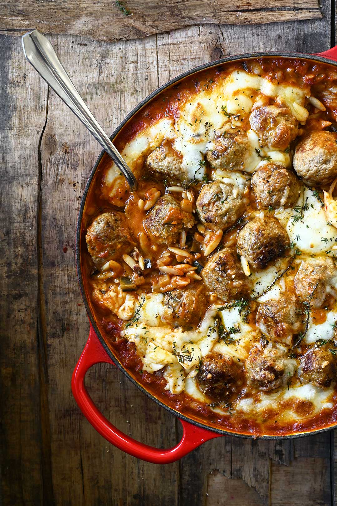 Baked Meatballs with Orzo in Roasted Pepper Sauce