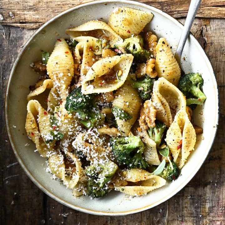 brown butter broccoli and walnut pasta
