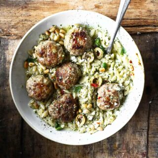 One Skillet Meatballs with Orzo and Feta Pesto
