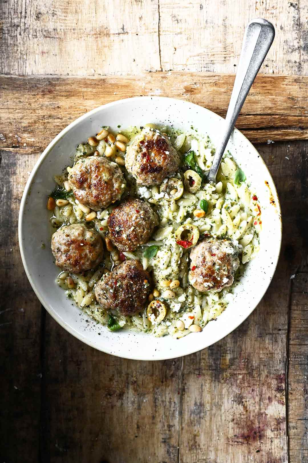 One Skillet Meatballs with Orzo and Feta Pesto
