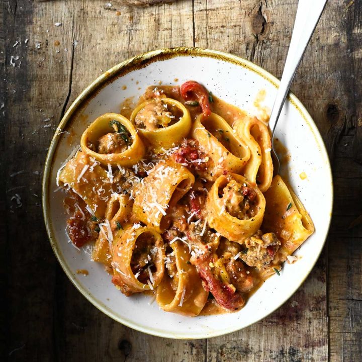 creamy beef bolognese with roasted peppers