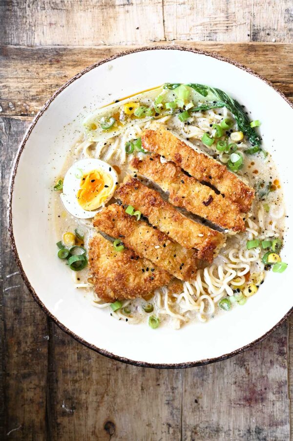 Garlic Chicken Katsu Noodle Bowl Serving Dumplings