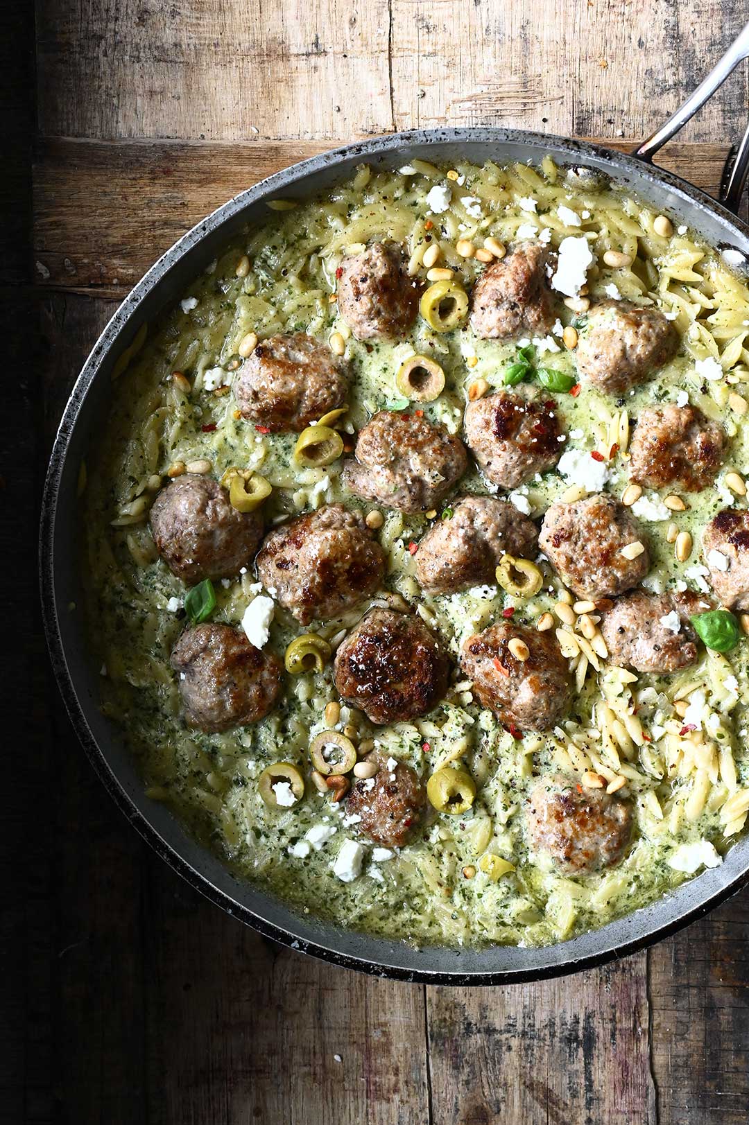 Orzo with Greek-style Feta Pesto and Meatballs