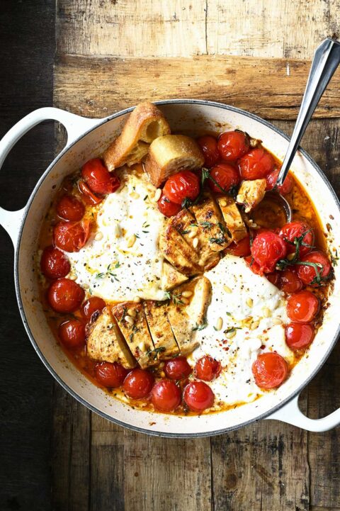 Chicken with Braised Tomatoes and Burrata