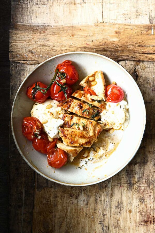 30 Minute Chicken with Braised Tomatoes and Burrata Serving Dumplings