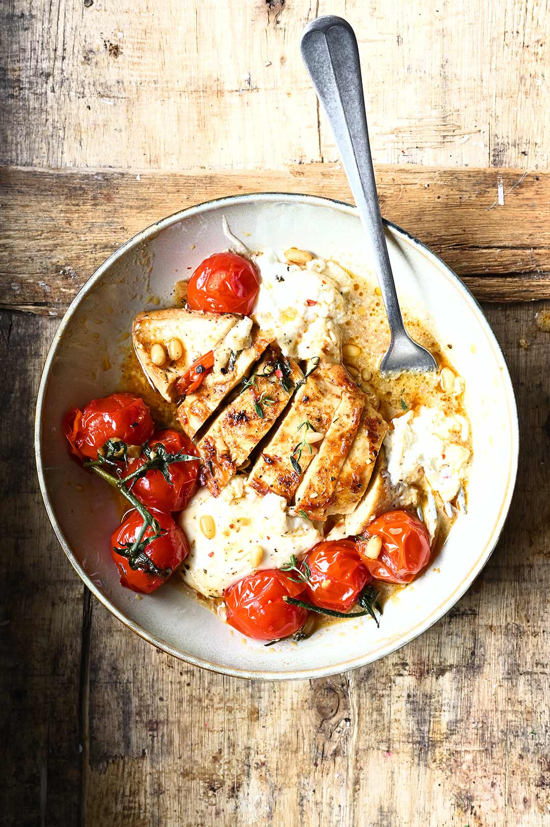 Chicken with Braised Tomatoes and Burrata