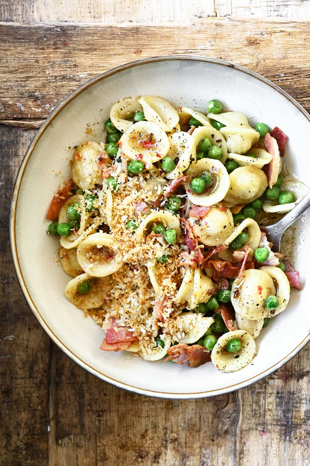 Orecchiette met pancetta en erwtjes 