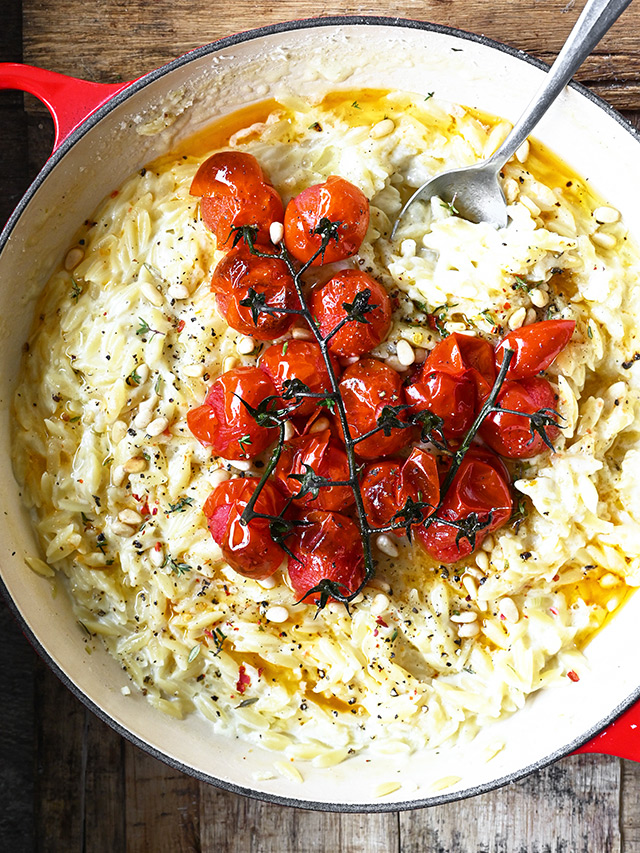 Cheesy Orzo with Roasted Cherry Tomatoes