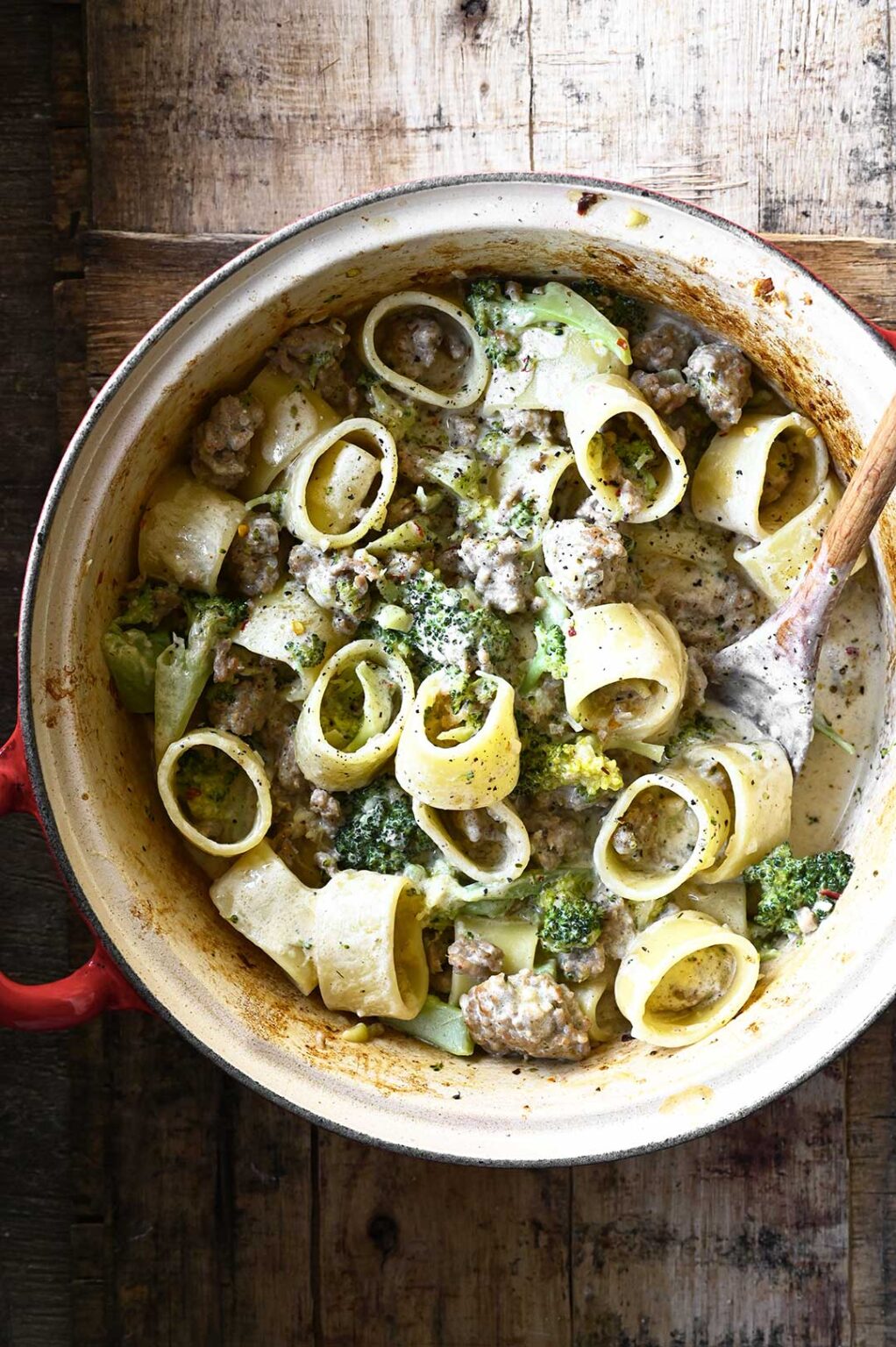 Creamy Pasta with Pork and Broccoli Serving Dumplings