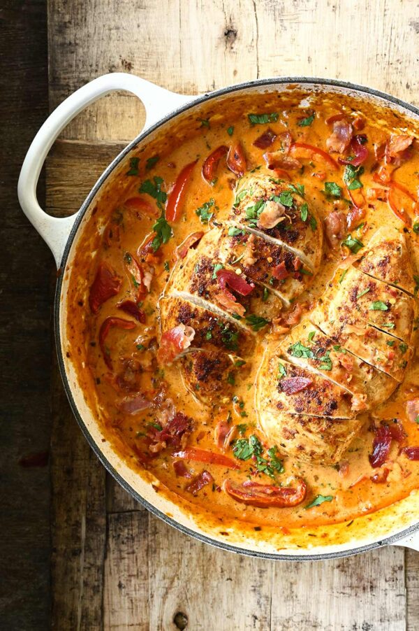 Creamy Garlic Red Pepper Chicken Serving Dumplings