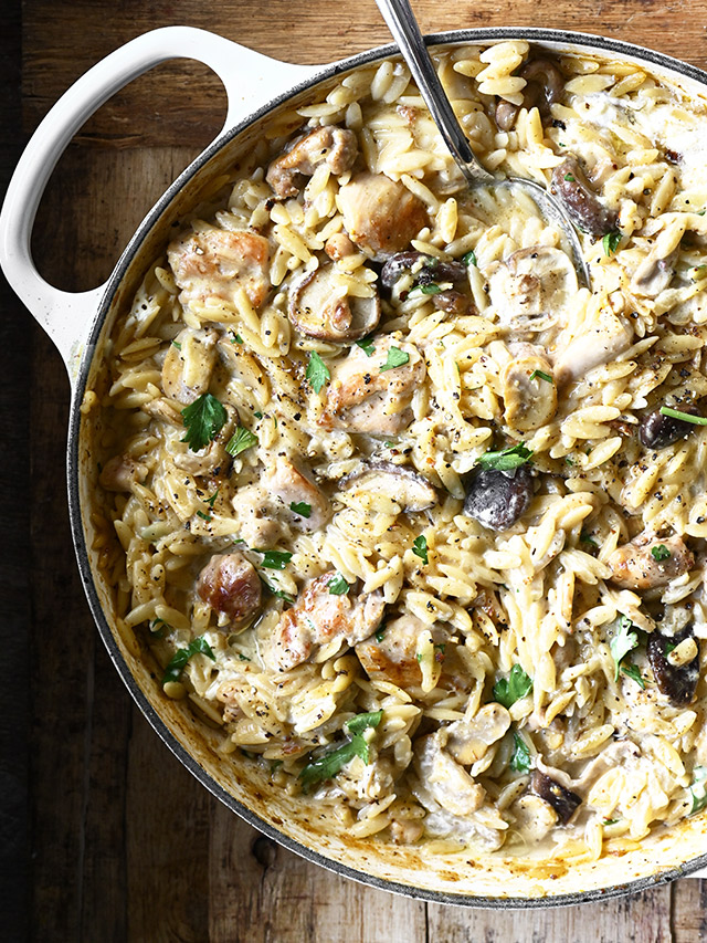 One-Pot Chicken Stroganoff with Orzo