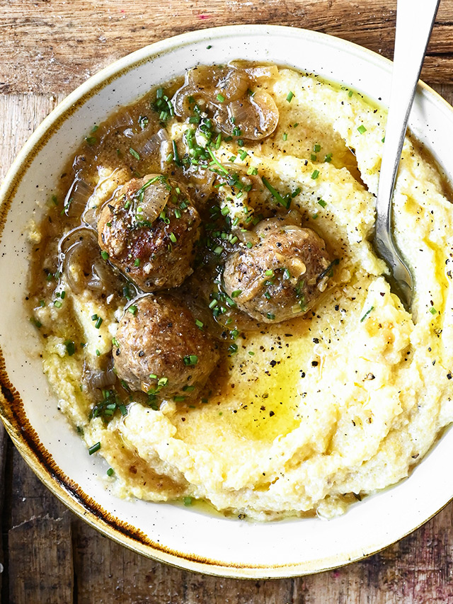 Ricotta Polenta with Drunken Meatballs