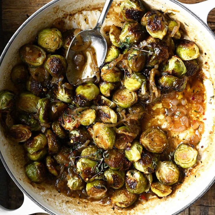 roasted brussels sprouts with beer braised onions