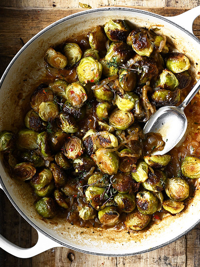 Roasted Brussels Sprouts with Beer Braised Onions