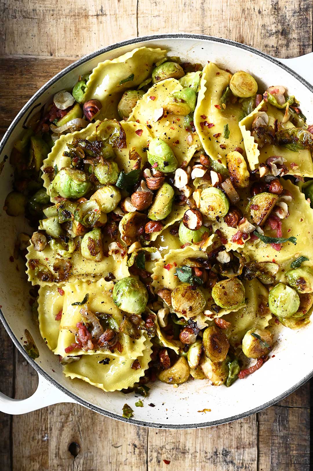 cheese ravioli with sautéed brussels sprouts