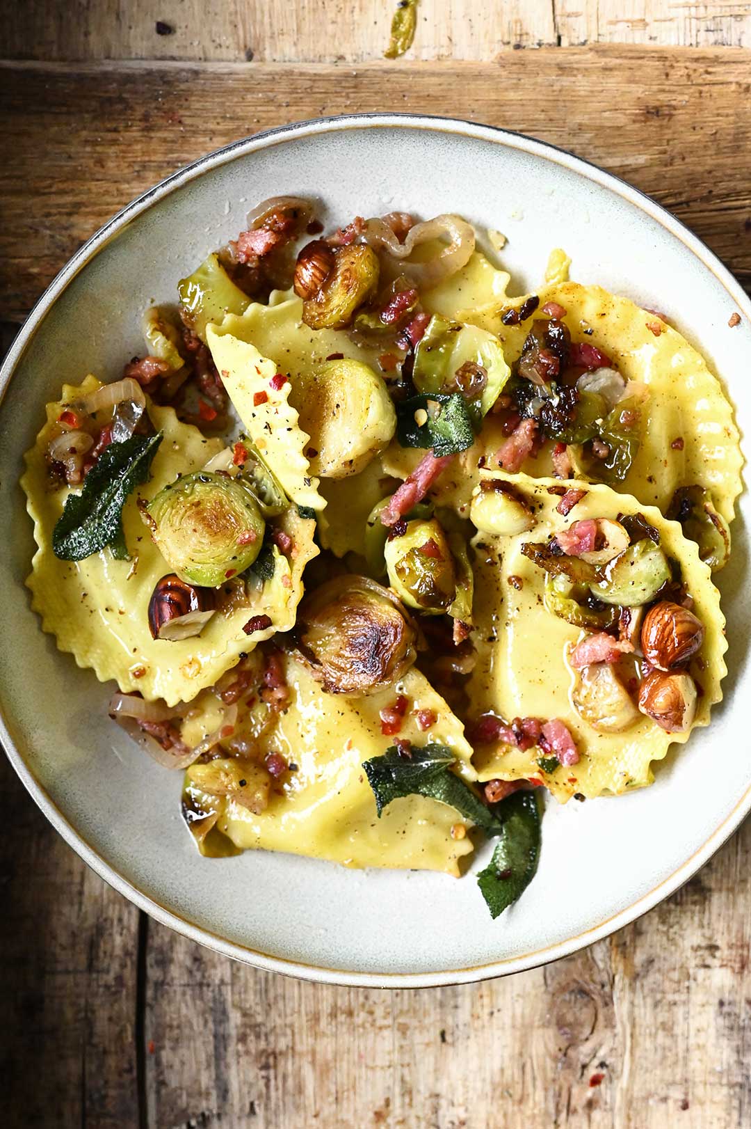 Cheese Ravioli with Sautéed Brussels Sprouts - Serving Dumplings