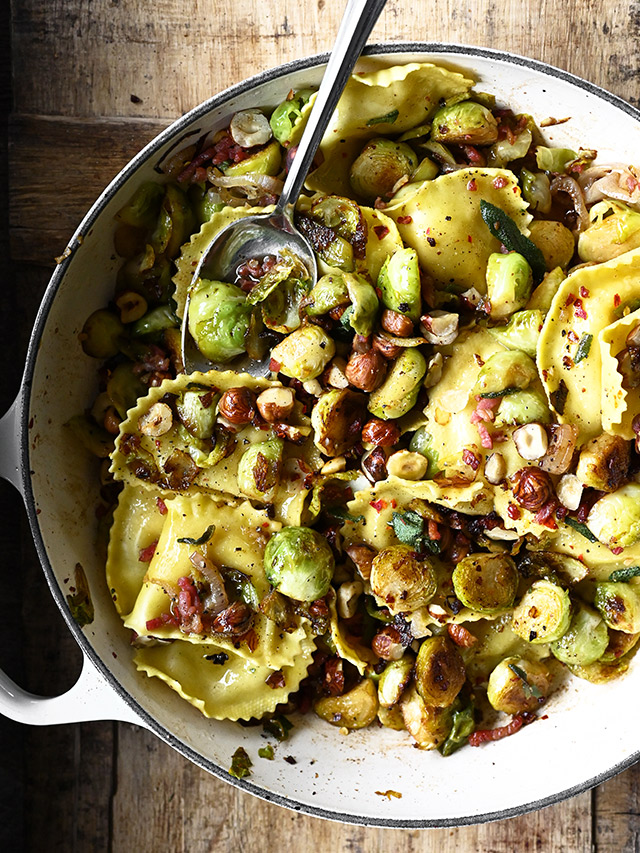 Cheese Ravioli with Sautéed Brussels Sprouts