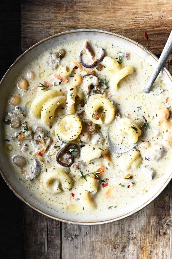 Creamy Sausage and Mushroom Soup Serving Dumplings