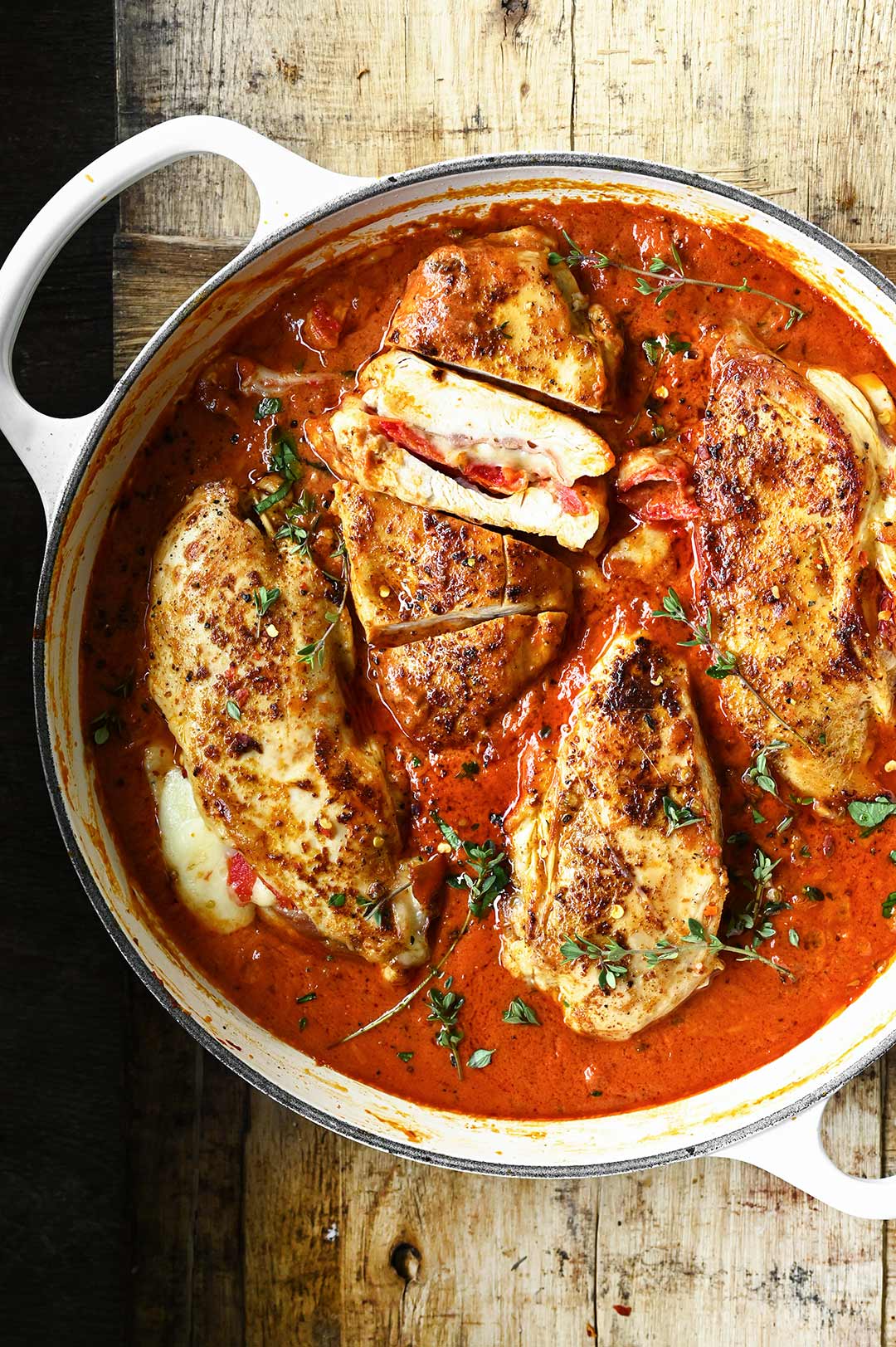 mozzarella stuffed chicken in creamy tomato sauce