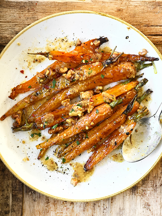 Roasted Carrots with Mustard Miso Dressing