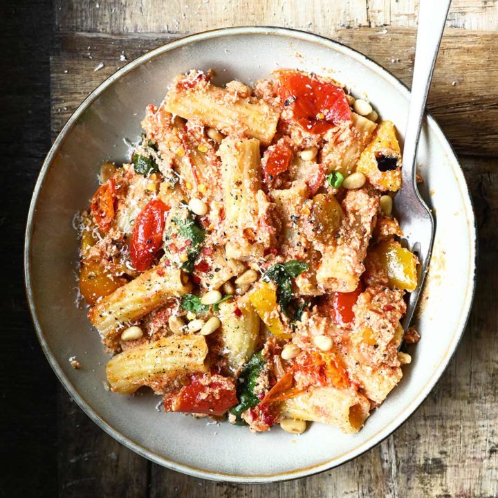 spicy roasted pepper rigatoni with ricotta