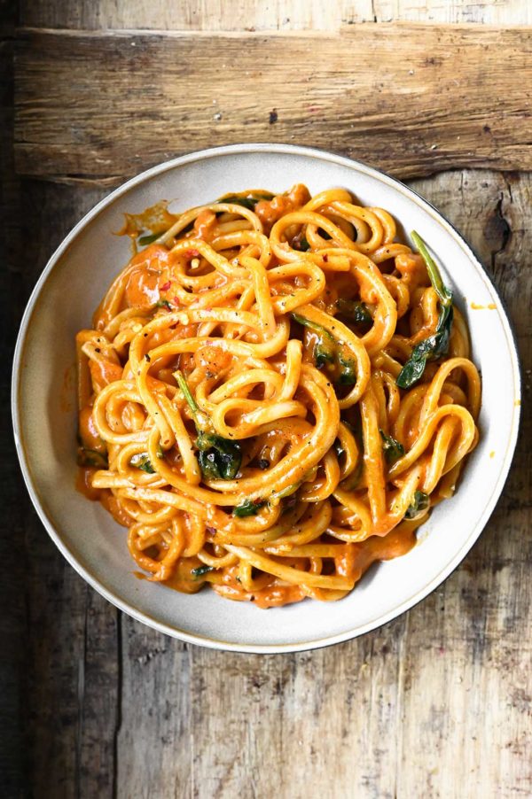 Creamy Thai Red Curry Udon Noodles Serving Dumplings