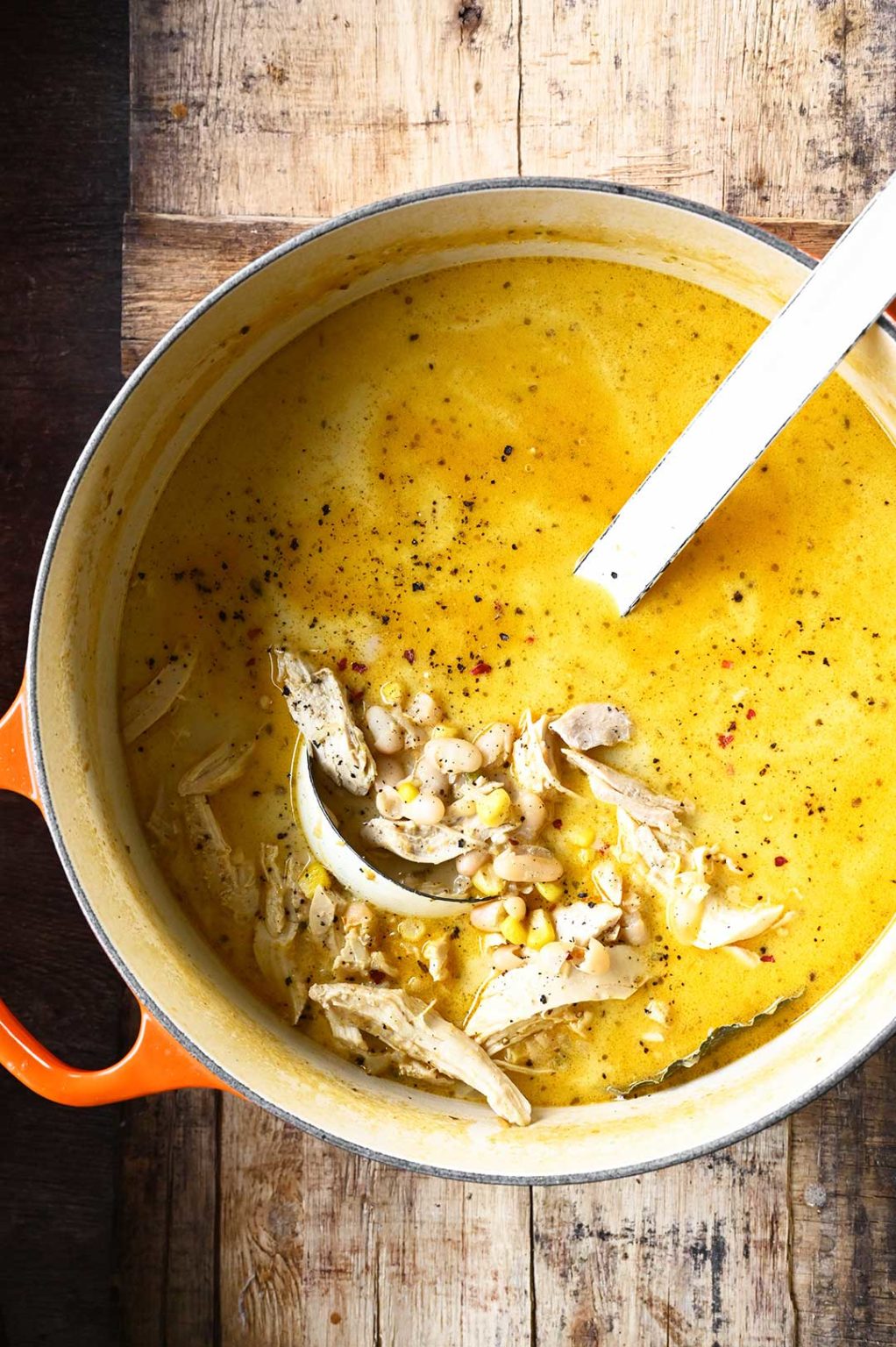 White Chicken Chili with Cream Cheese Serving Dumplings